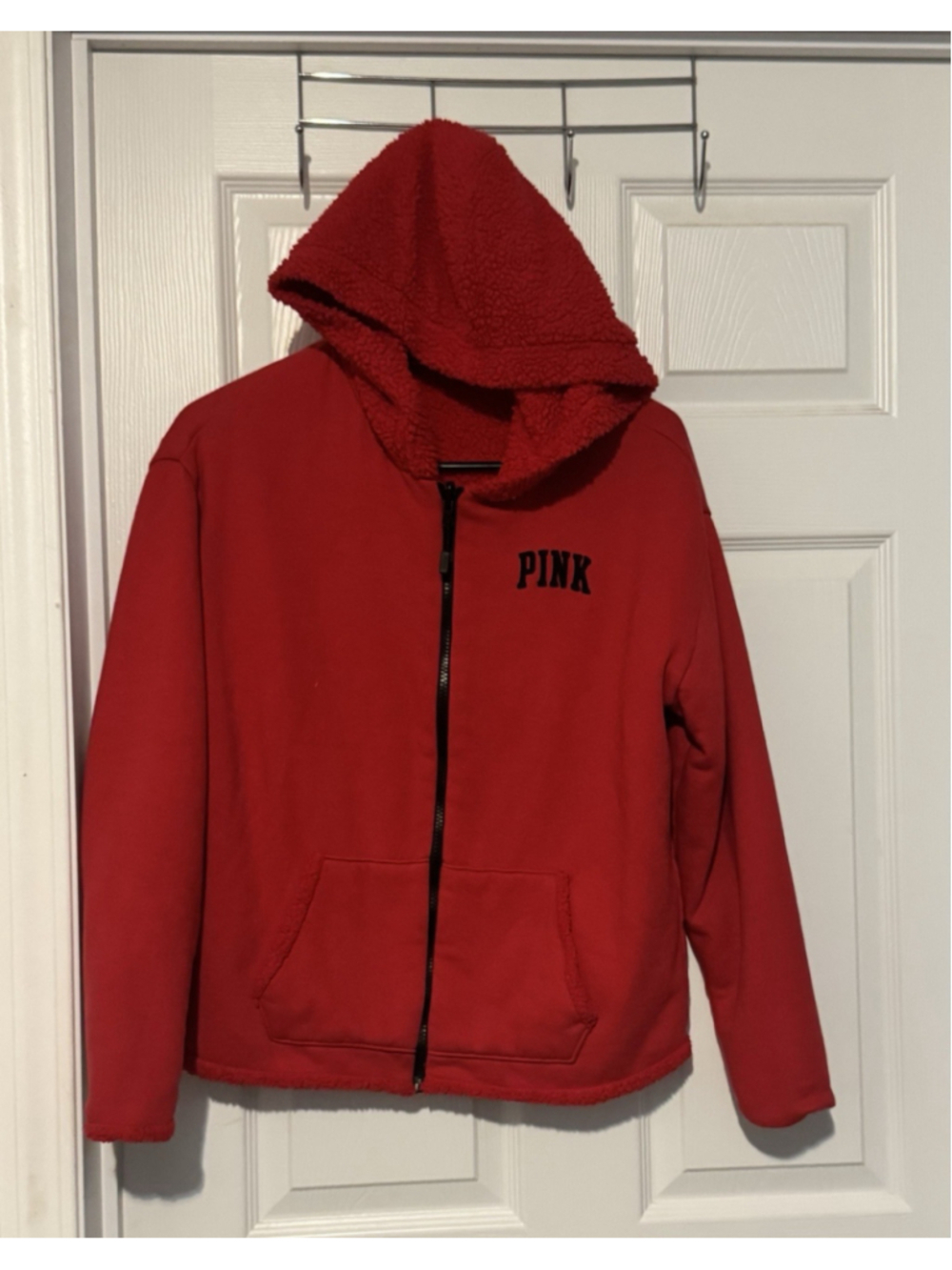 Victoria's Secret PINK REVERSIBLE SHERPA HOODIE FULL ZIP JACKET Red Small GUC